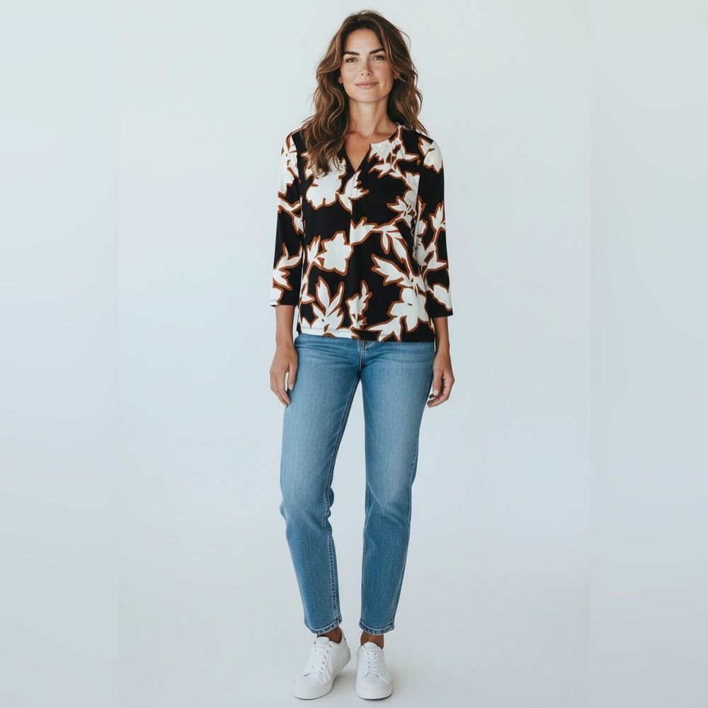Liz Claiborne Black and White Blouse with Brown Accents